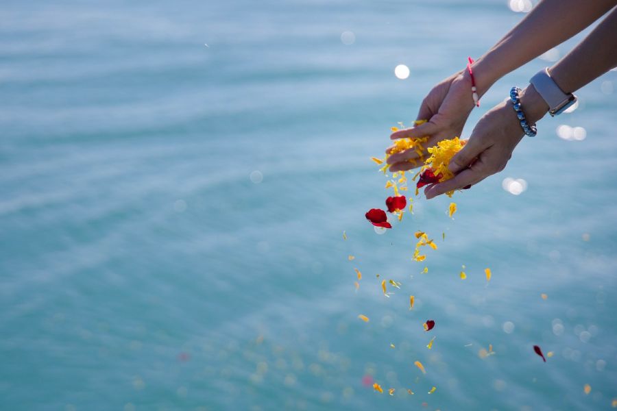 arrojando flores en el mar