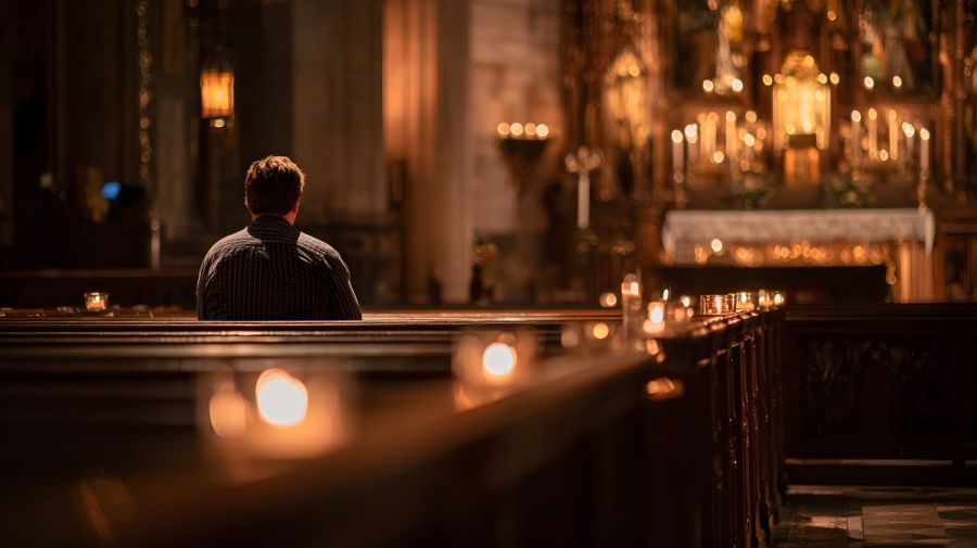 hombre rezando en una iglesia