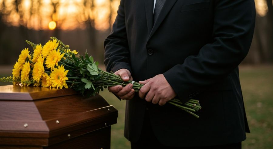 hombre poniendo flores sobre un ataúd